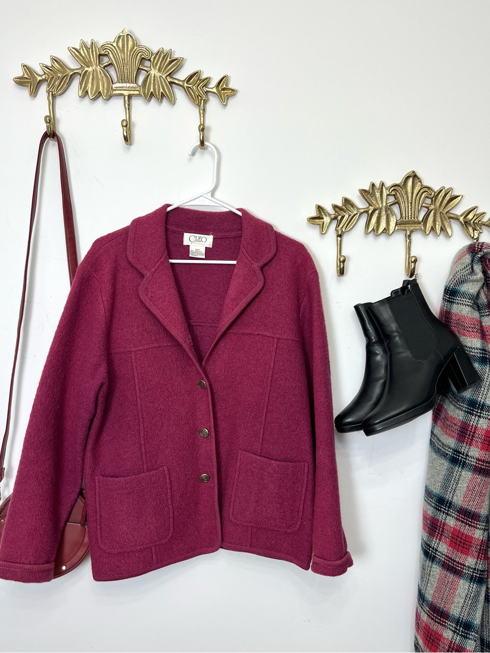 RARE 100% Wool berry burgundy jacket sweater cardigan L ptp 23” l 27”